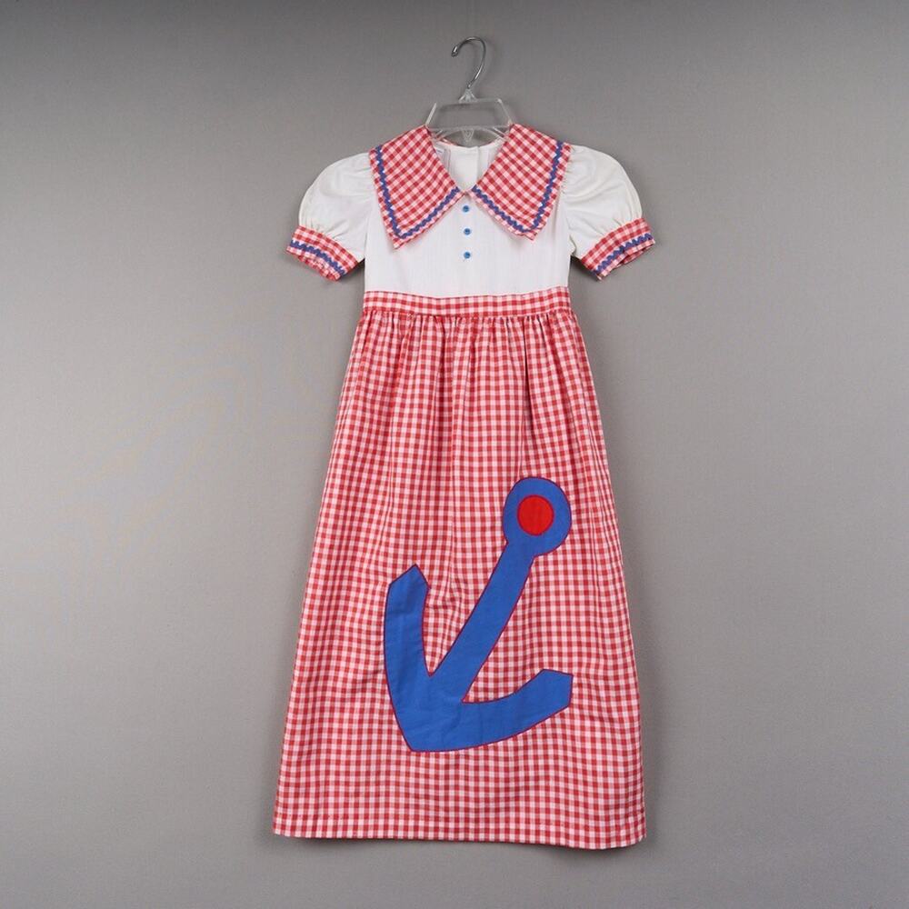 Vintage Girls Dress Sz 6 Red White Blue Gingham Maxi Anchor Sailor 70s